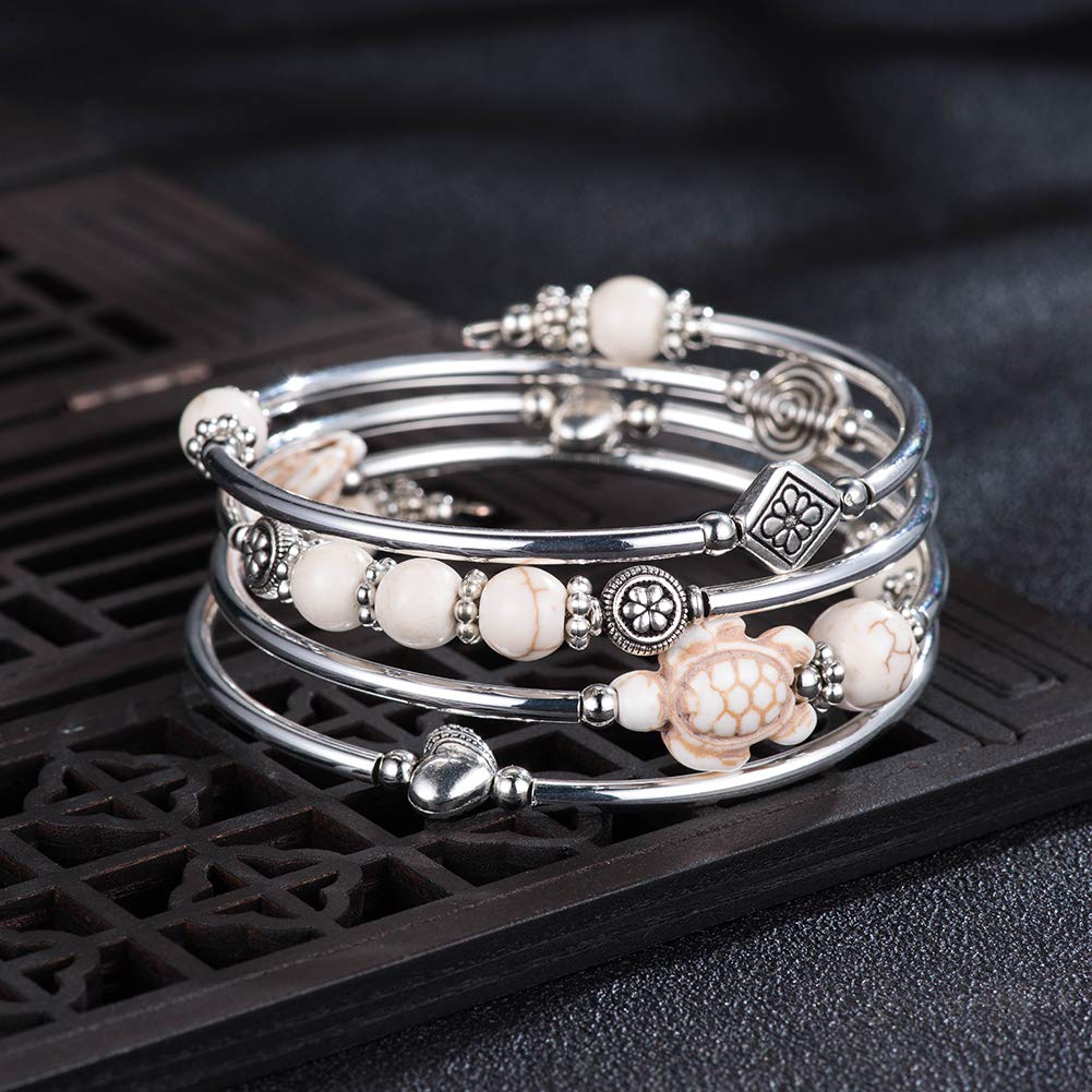 BULINLIN Layered Wrap Bangle Turquoise Bracelet - Bead Bracelet with Natural Agate Stone, Gifts For Women (17-White turtle bracelet)
