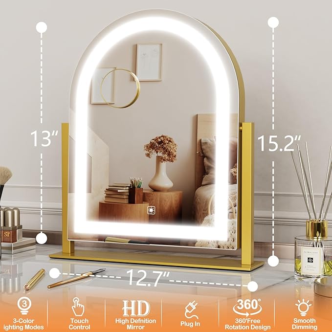 Lighted Makeup Mirror, Hollywood Vanity Mirror with Lights, Three Color Lighting Modes, LED Mirror, Smart Touch Control, 360°Rotation (15.2in. Curved)