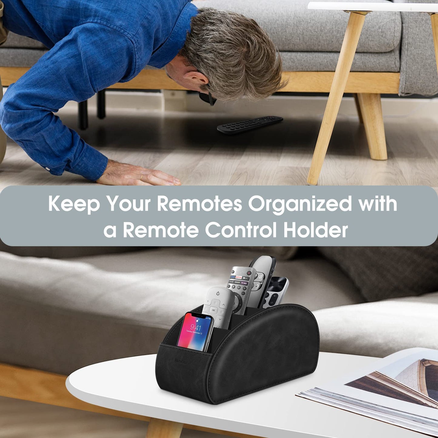 Large Remote Control Holder with 5 Compartments, KENOBEE Anti-slip Desktop Caddy Storage Organizer for Phone, Remote Controllers, Office Supplies, Makeup Brush, Media Accessories, Black