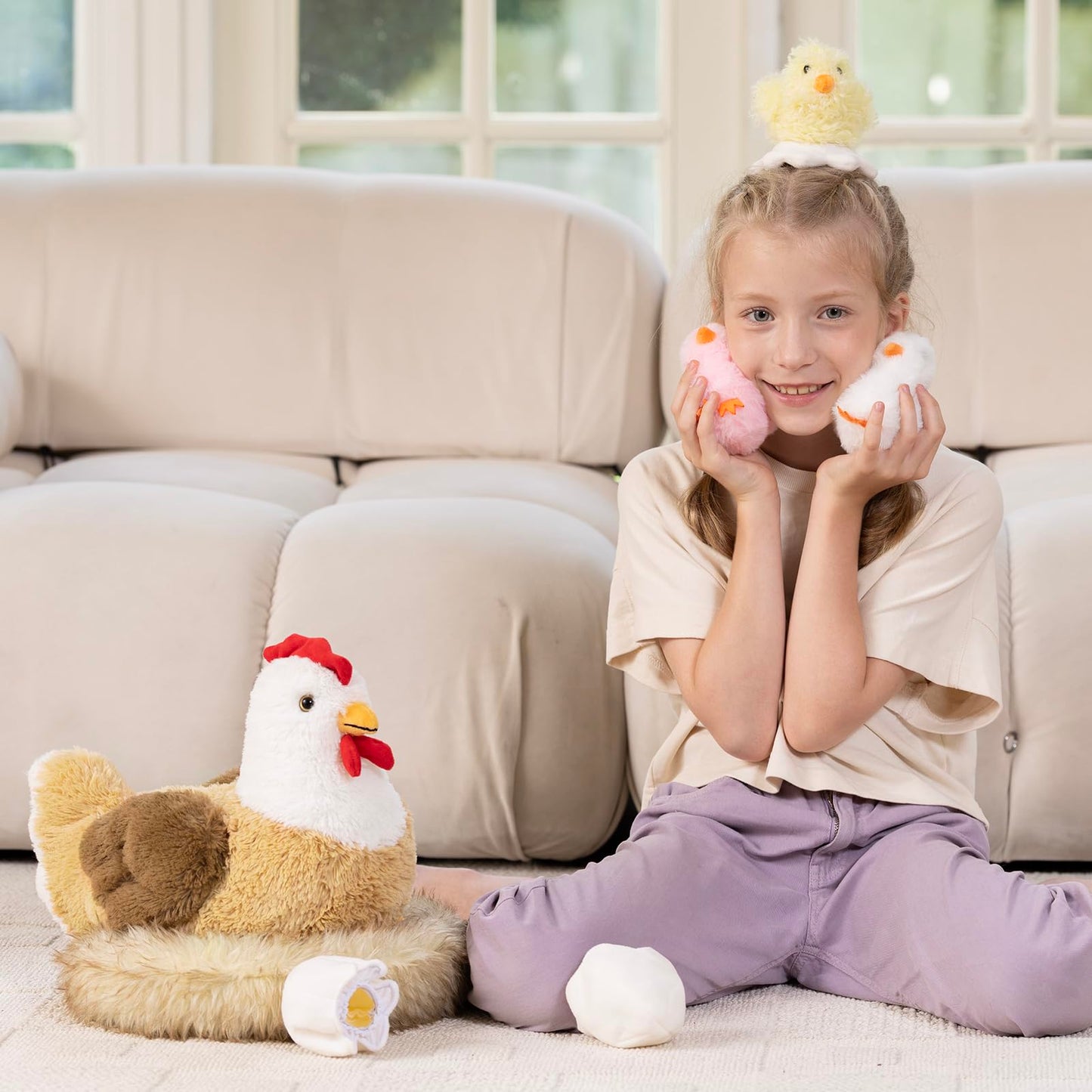 Karister 7Pcs Chicken Stuffed Animals, Stuffed Hen Plush with Baby Chicks & Eggs, Nest Hen Coop Plush Toy Set for Kids, Soft Stuffed Farm Animal Plushie for Birthday Christmas Easter Gift, 14"