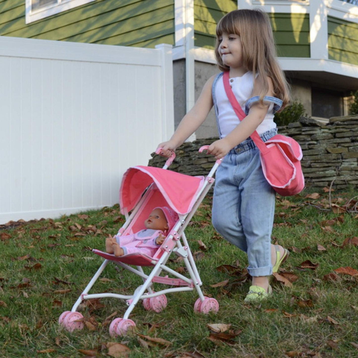 My First Baby Doll Stroller for Toddlers 1-3 Year Old Girls, Little Kids | Toy Stroller with Bottom Storage Basket, Foldable Frame, Canopy, Seatbelt - Unicorn (Pink)
