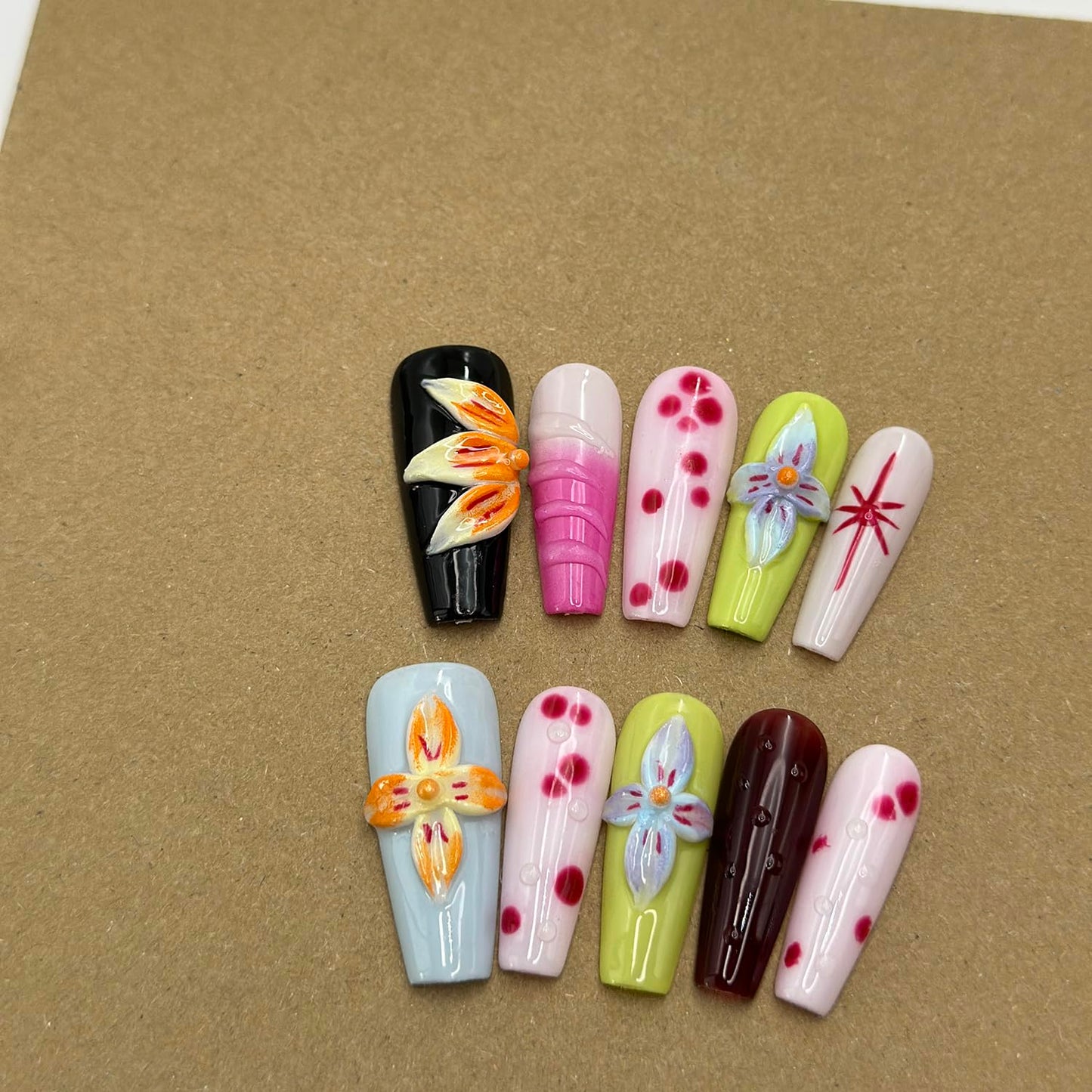 Luxury Press on Nails Medium Coffin Handmade 3D Unique Reusable ABS Material Fake Nails Colorful False Nails with Designs Blue Orange Flower Art Petal Glossy Glue on Nails Thick Acrylic Nails(M)