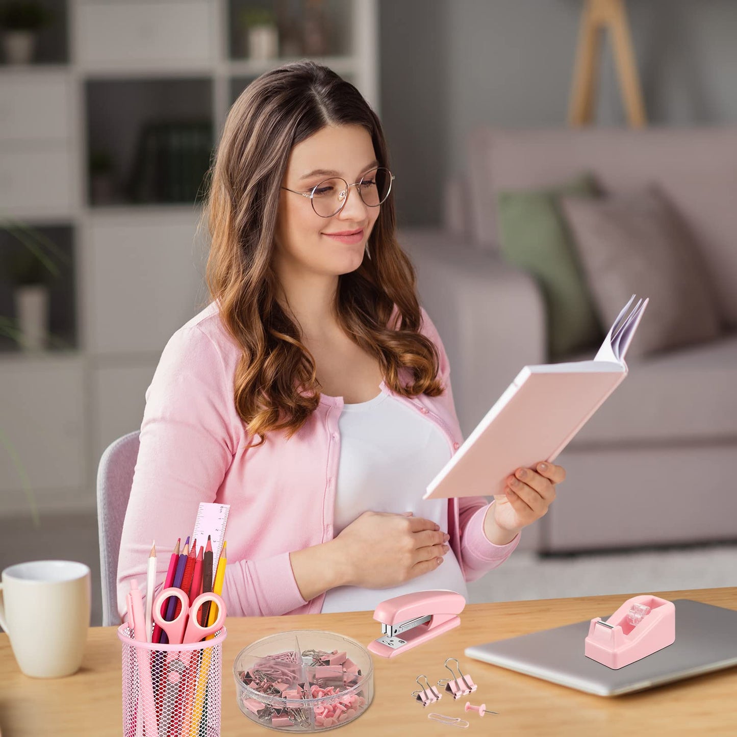 Sabary 12 Pack Pink Desk Accessories Office Supplies Set Include Stapler Staple Scissor Staple Remover Tape Dispenser Ballpoint Pen Sticky Notes Holder Phone Holder Ruler Pen Organizer for Gift