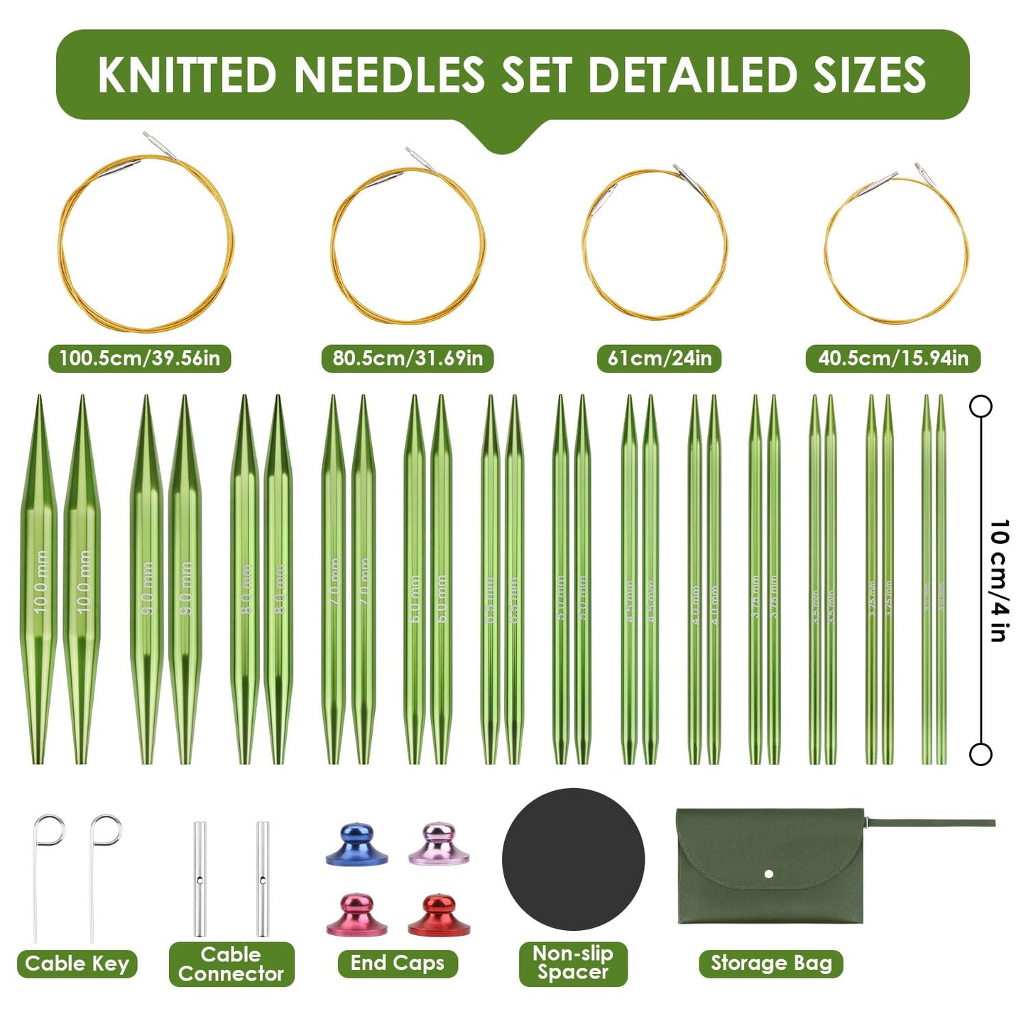 Interchangeable Circular Knitting Needles Set Premium Aluminum Knitting Kit 13 Pairs of 4 Inch with 4 Cables, Accessories and Storage Bag Green