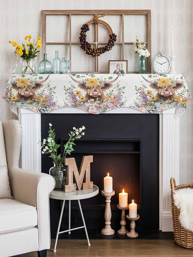 Spring Cow Floral Fireplace Mantel Scarf Table Runner, Green Eucalyptus Leaves Botanical Winter Garland Mantel Top Tablerunners Dresser Scarves Cover for Windows Party Living Room 60''x17''