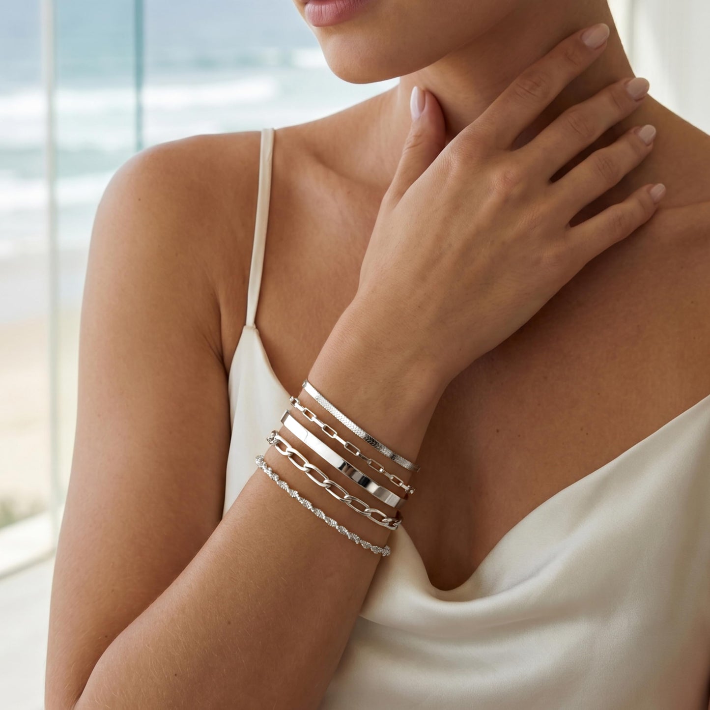 Silver Bracelets Stack for Women Waterproof, Stackable Bracelet Set with Silver Bangle Cuff, Box Link, Paperclip, Herringbone, Sparkling Chain, Adjustable Non Tarnish Jewelry Gifts for Women