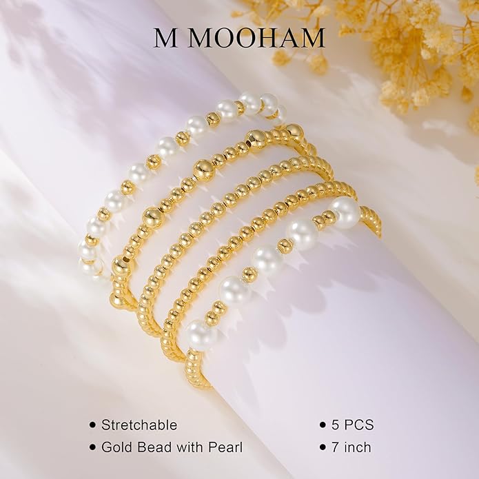 M MOOHAM Gold Beaded Bracelets for Women - 14k Real Gold Plated Beaded Pearl Bracelet Set Stack for Women Trendy Non Tarnisn, Adjustable Stretch Bracelet Jewelry Gifts for Teen Girls Women
