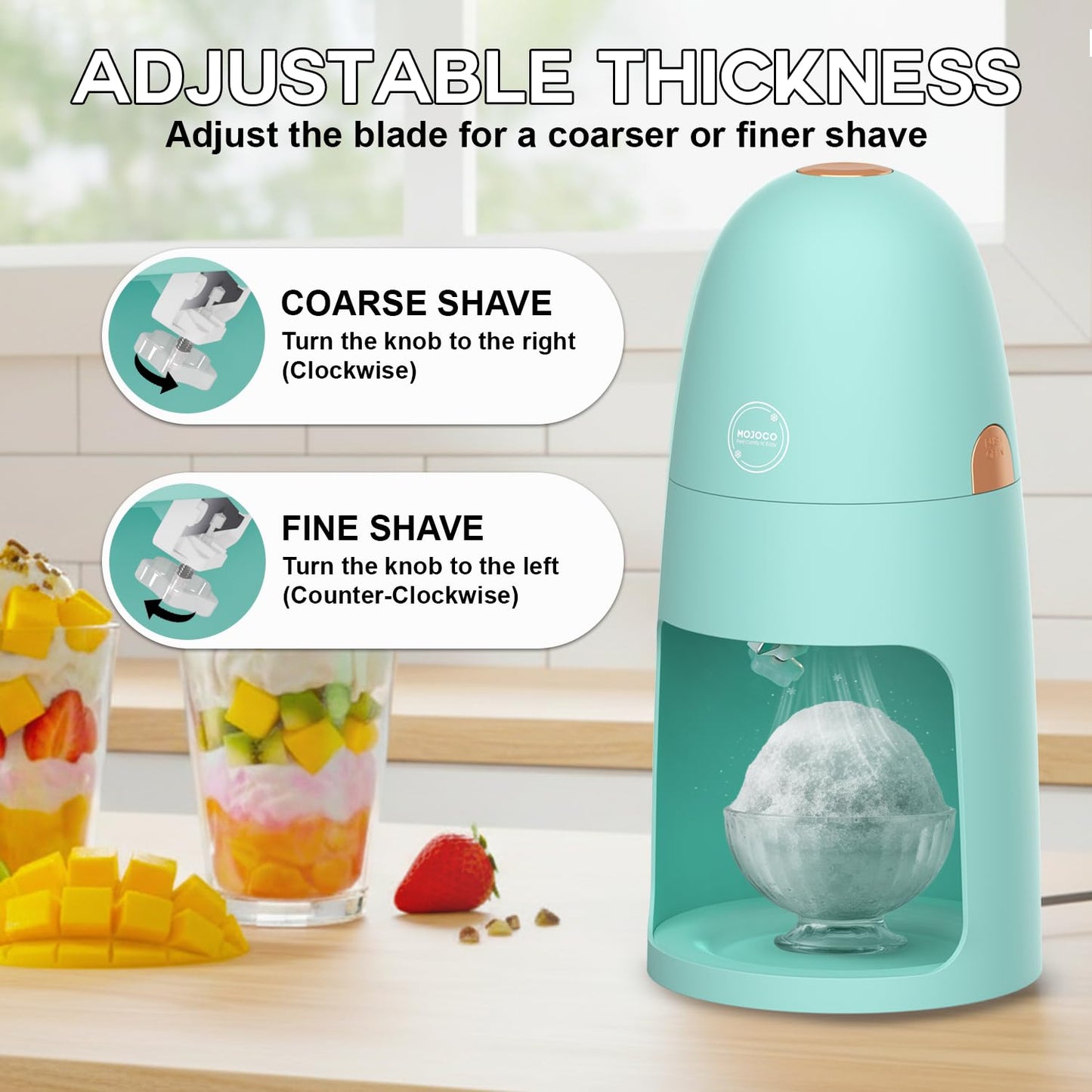 MOJOCO Shaved Ice Machine - Electric Ice Shaver Machine with Adjustable Blades for Fine & Coarse Ice - One-Press Operation Lightweight Snow Cone Maker for Slushies, Bingsu, Frozen Desserts