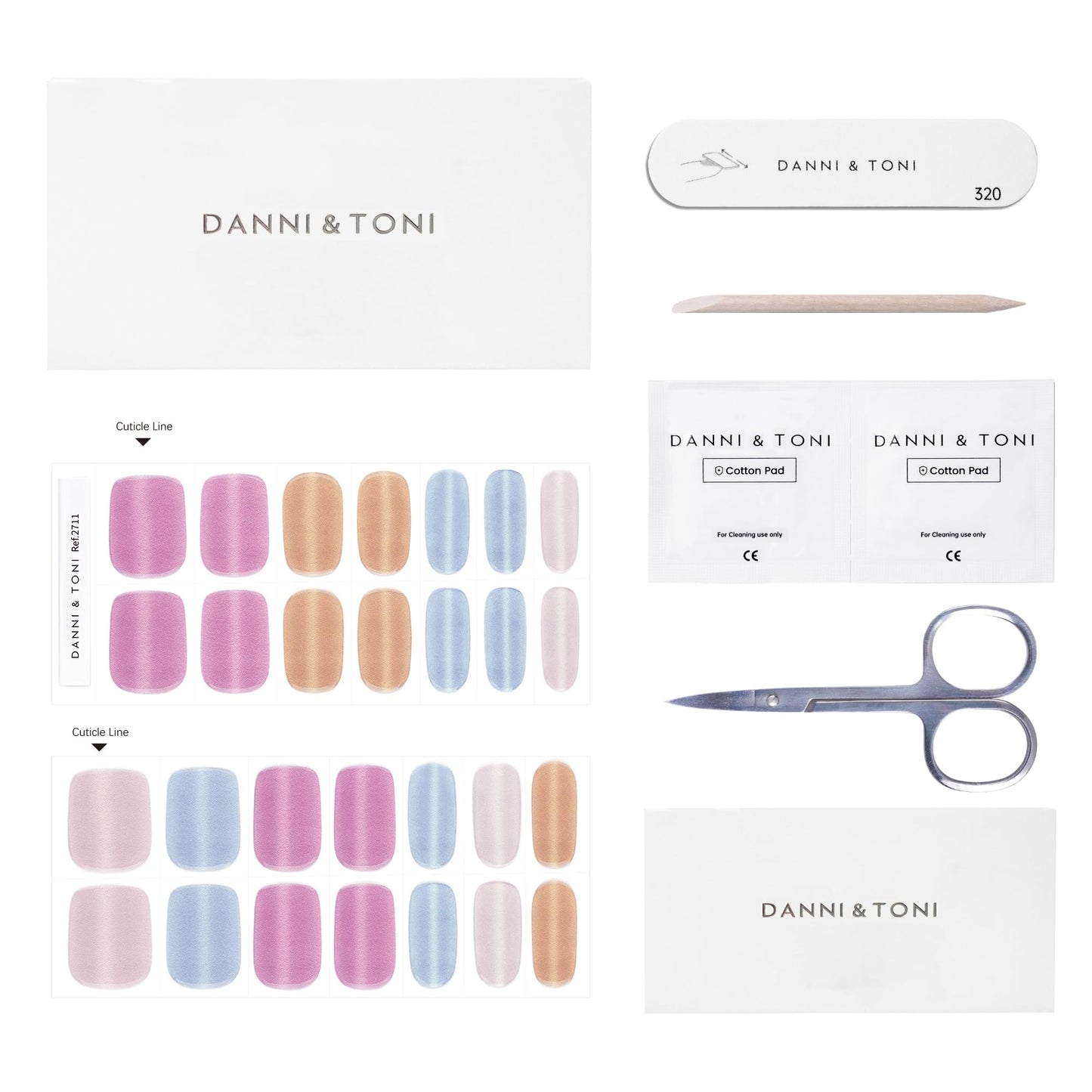DANNI & TONI Semi Cured Gel Nail Strips Multicolor (Prism Blush) Cat Eye Accent Nails Summer Gel Nail Wraps 28 Stickers