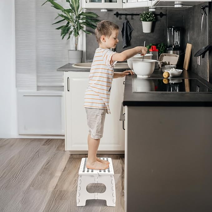 Delxo Folding Step Stool for Kids and Adults,15-Inch Extra Wide 9 Inch Height Heavy Duty Stepping Stool More Safe and Comfortable Non Slip Foldable Step Stool White