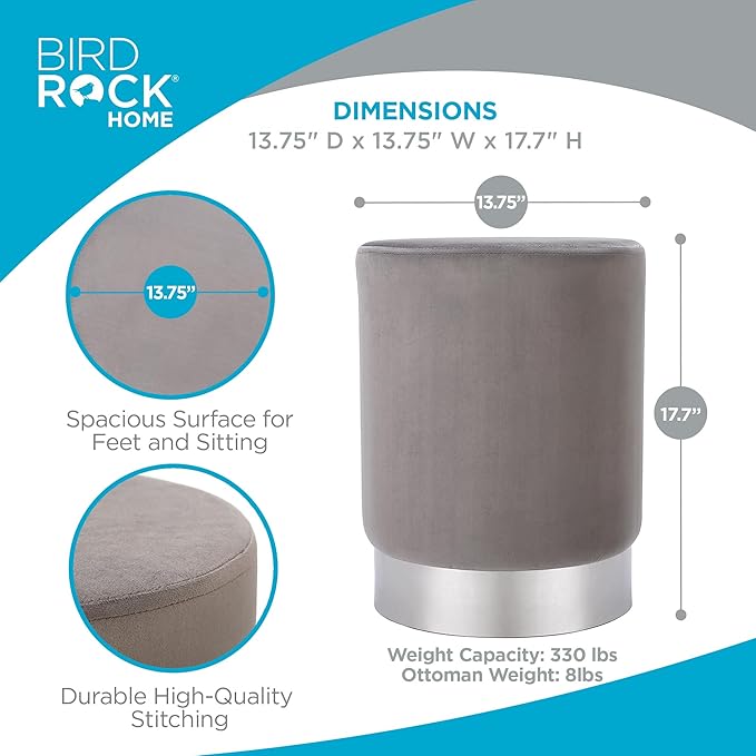 BIRDROCK HOME Round Ottoman Foot Stool – Soft Padded Modern Stool Design – Ideal for Living Room, Bedroom – Compact Footrest, Vanity Chair, Small Furniture – Foam Seating, Decorative Accent (Grey)