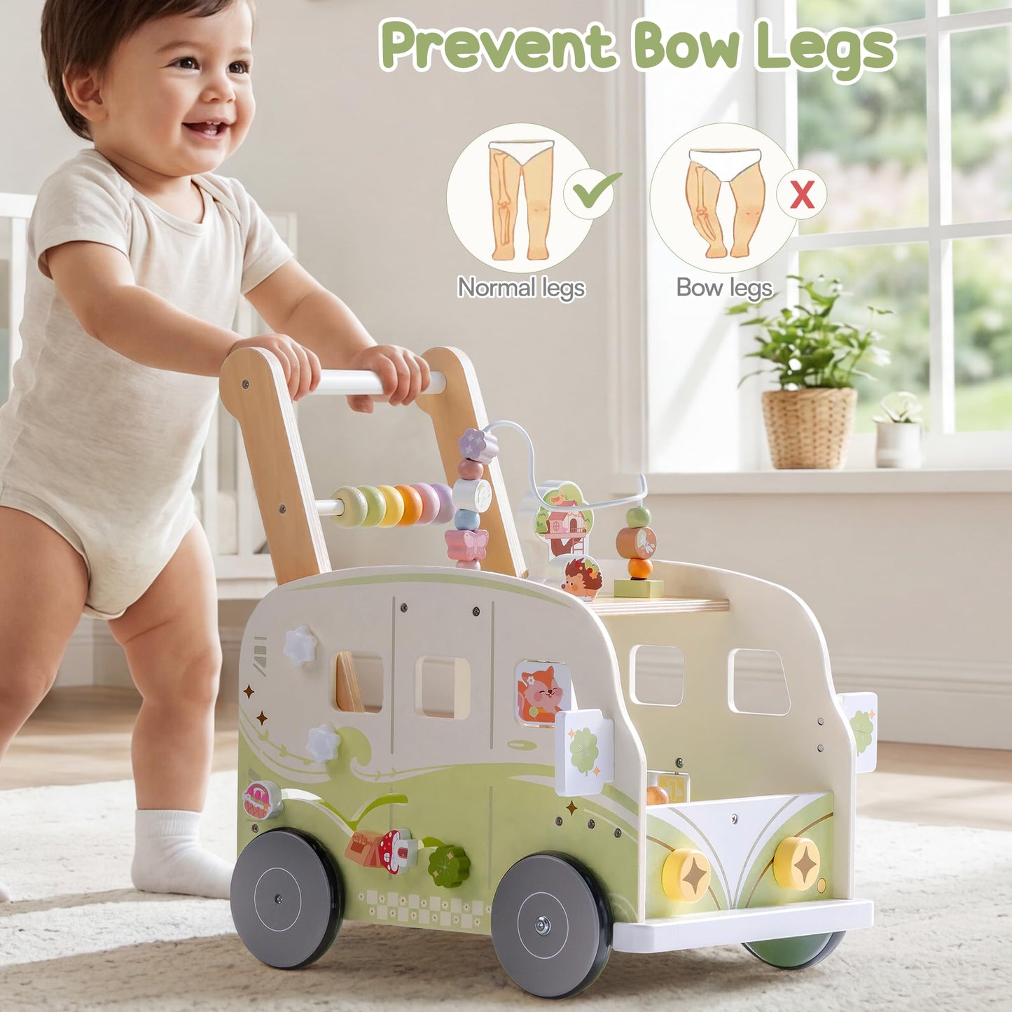 ROBOTIME Wooden Baby Walker, Baby Push Walker, Ajustable Speed Multi-Functional Baby Walker with Wheels for Babies Learning to Walk, Sit-to-Stand (Green)