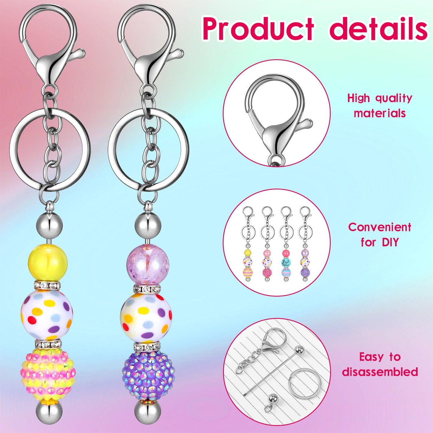 Sasylvia 60 Pcs Beadable Keychain Bars Bulk Making Kit 20 Beaded Keychain 20 Bag 20 Thank You Cards for DIY Keyrings Charms(Silver)