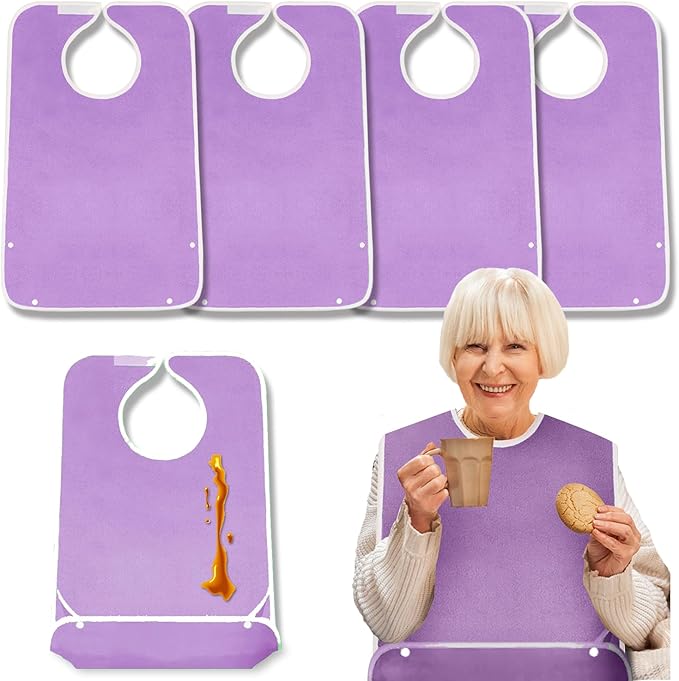 4 Pack Terry Cloth Adult Bibs with Crumb Catcher, Washable Adjustable Adult Bibs for Unisex Men Women Elderly Seniors