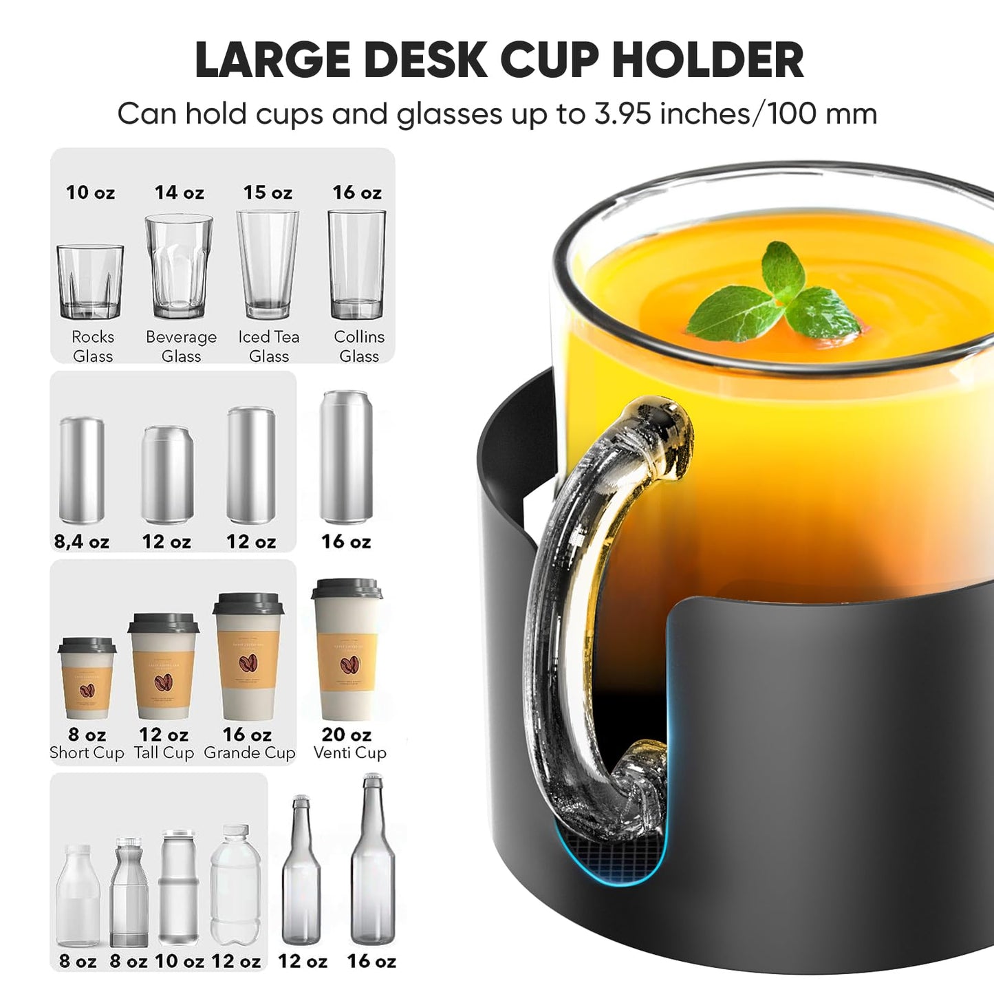 Upgraded Large Desk Cup Holder Clamp, OOKUU Anti-Spill Table Cup Holder, Metal Office & PC Gaming Desk Accessories, Compatible with Universal Cup, Bottles, Pencil Holder (Black)