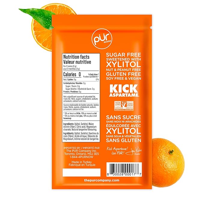 PUR Mints | Aspartame Free Breath Mints | Made with Xylitol | Sugar Free, Vegan, Gluten Free | Natural Tangerine Tango Flavor | 65 Pieces in Re-Sealable pouch (Pack of 1)