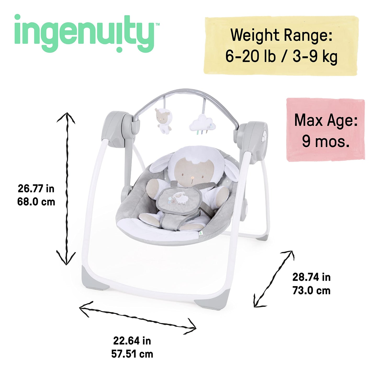 Ingenuity Comfort 2 Go Compact Portable 6-Speed Cushioned Baby Swing with Music, Folds Easy, 0-9 Months 6-20 lbs (Cuddle Lamb)