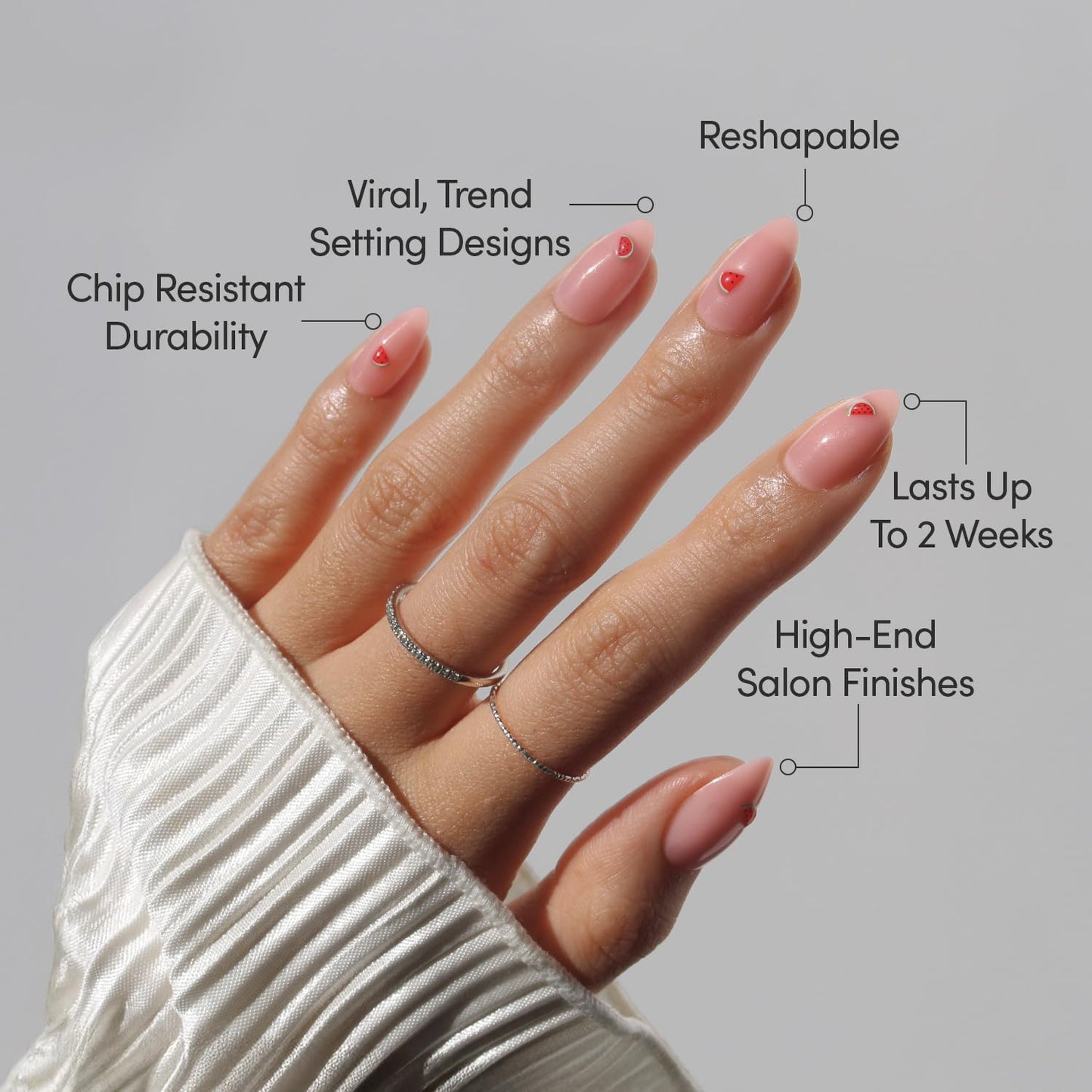 Glamnetic Press On Nails - Short Almond Fake Nails, Glossy Sheer Pink Nails with 3D Watermelon Design, Juicy Slice | 15 Sizes - 30 Nail Kit with Glue