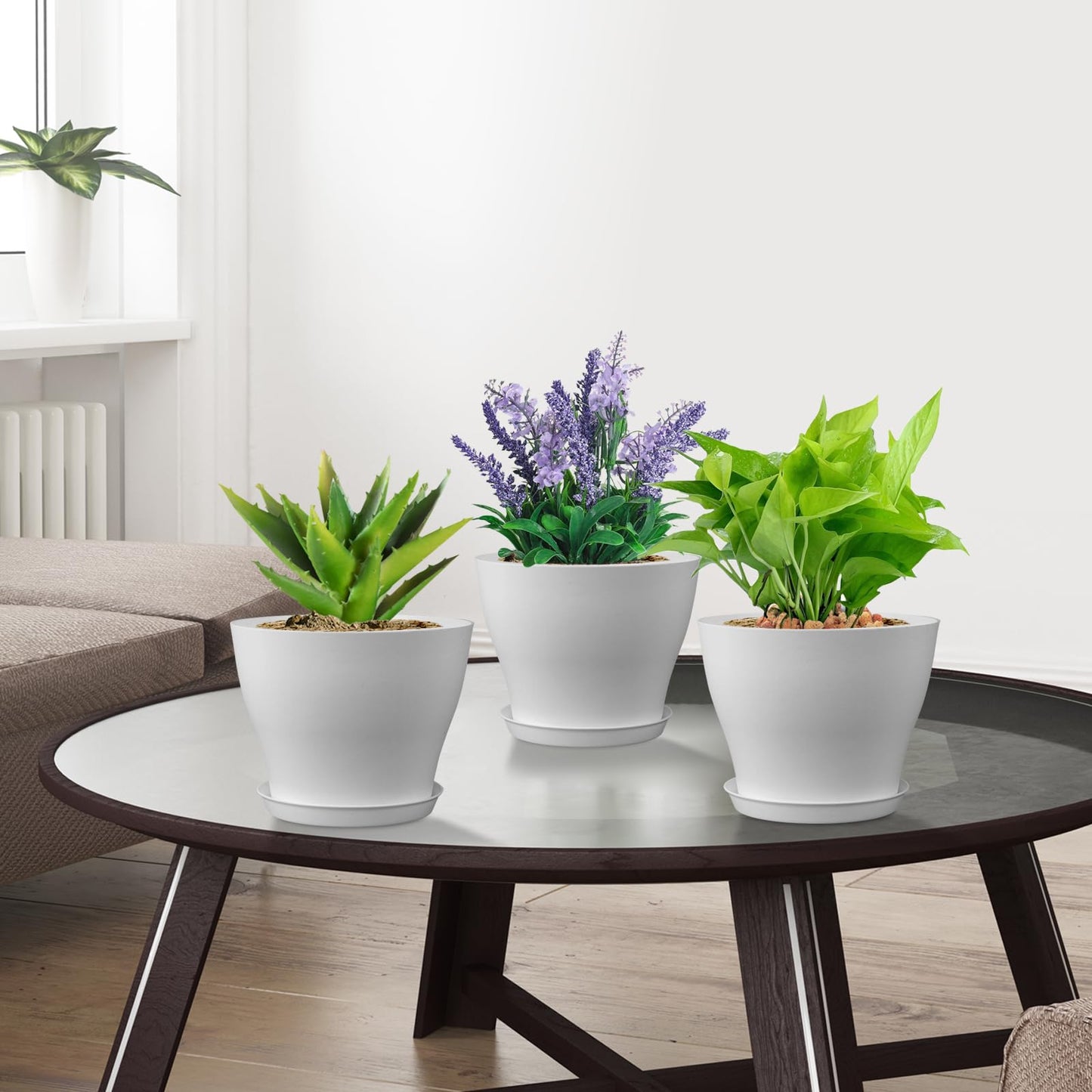 Meowell 6 inch Plastic Nursery Pots, 16 Pack Plant Pots for Small Indoor Outdoor Plants, Flower Pots with Drainage Holes and Saucers, Decorative Seedling Starter Planters for House Plants, White