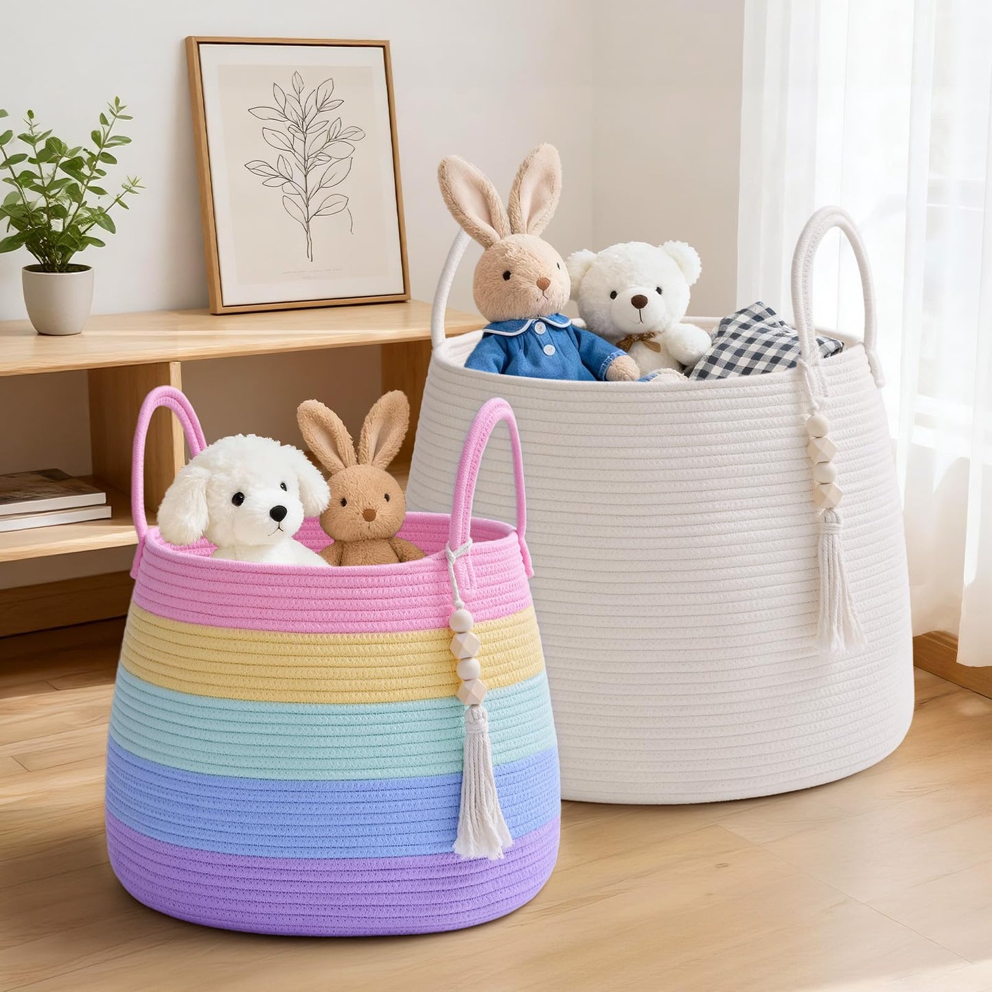 Degeyoyo Large Nursery Hamper, 30L Blanket Basket with Handle, Baby Laundry Basket for Gift, Toy, Clothes, Woven Storage Basket with Wooden Bead Decor, Baby Hamper for Nursery(Rainbow)