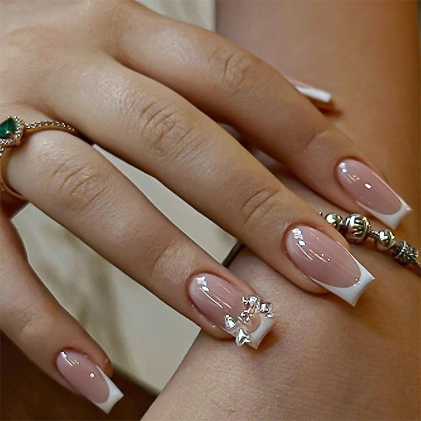 Medium Square Press on Nails with Designs White French Tip Fake Nails Nude Pink Nails Press ons Acrylic Nails False Nails Glossy Artificial Full Cover Stick on Nails for Women Girls 24 Pcs