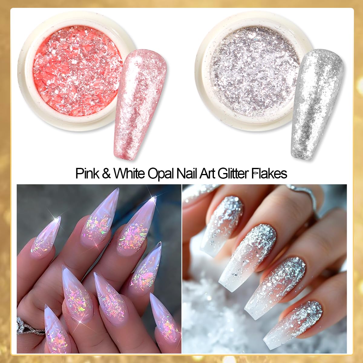 12 Jars Chrome Nail Powder Kit, White Pearl Chrome Nail Powder Metallic Mirror Effect Pigment Holographic Dip Powders & Opal Nails Chunky Glitter Flakes for Home DIY Salon Use