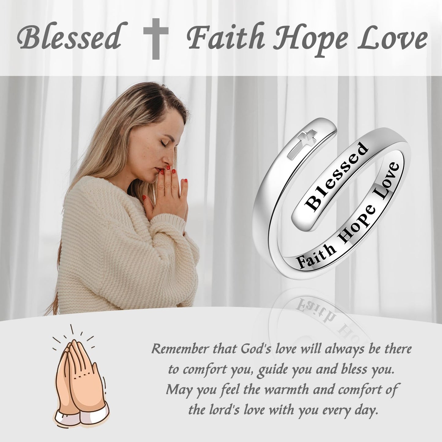 925 Sterling Silver Inspirational Jewelry Adjustable Wrap Open Ring Encouragement Gift for Women(Blessed Faith Hope Love)
