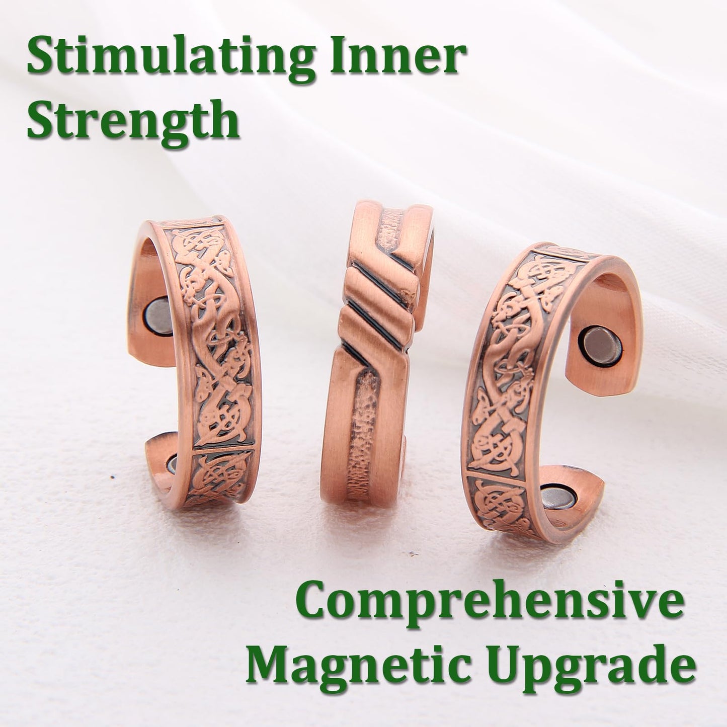Fashtour 3 Copper Rings for Men, 99.99% Solid Pure Copper, 3pcs 3500 Gauss #9 Rings Vintage Pattern Adjustable Cuff Ring