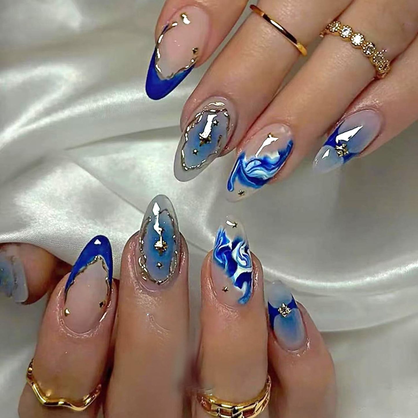 Blue Marble French Tip Press on Nails Long Almond Fake Nails with Design Glossy Gradient Acrylic Glue on Nail Reusable Full Cover Artificial Stick on Nail for Women DIY Manicure
