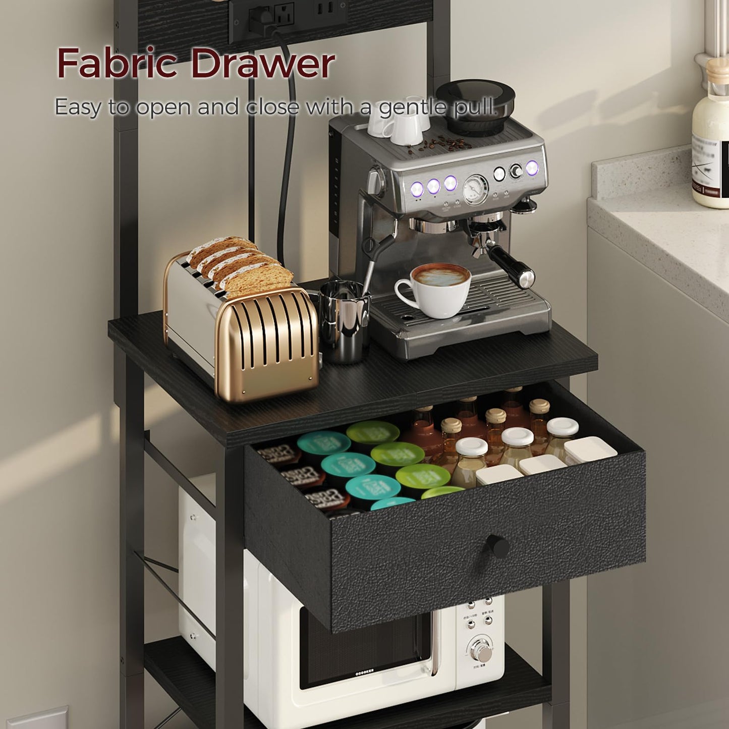 MAHANCRIS Bar Cart for Home and Bakers Rack with Drawer Bundle, Microwave Stand with Power Outlet, RCHR6101-BRBK48E01