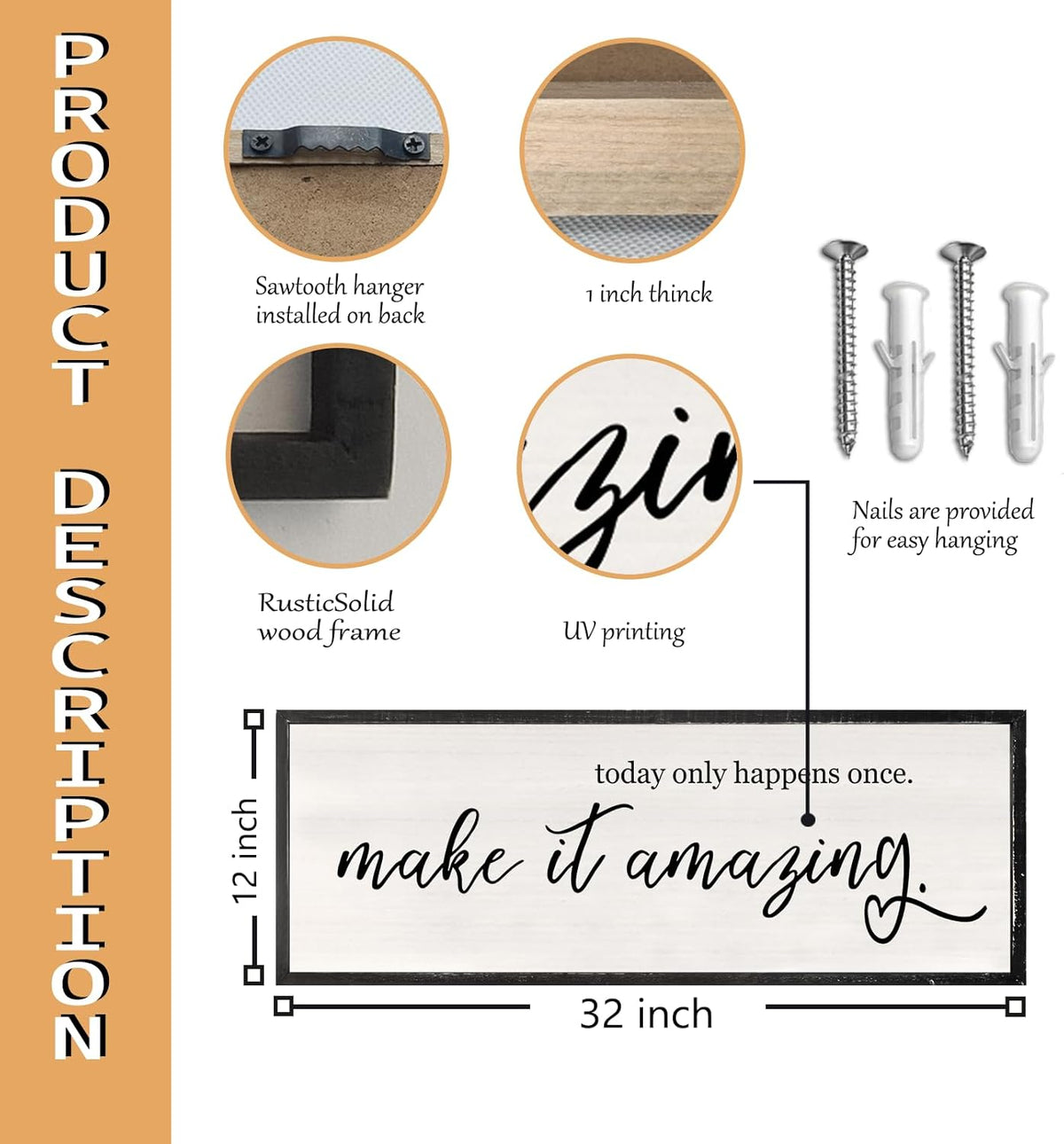 Today Only Happens Once Make It Amazing Wall Art Decor 32x12 Inch Large Inspirational Quote Sign Rustic Living Room Vintage Wood Frame Office Motivational Home Wall Hanging (Black)