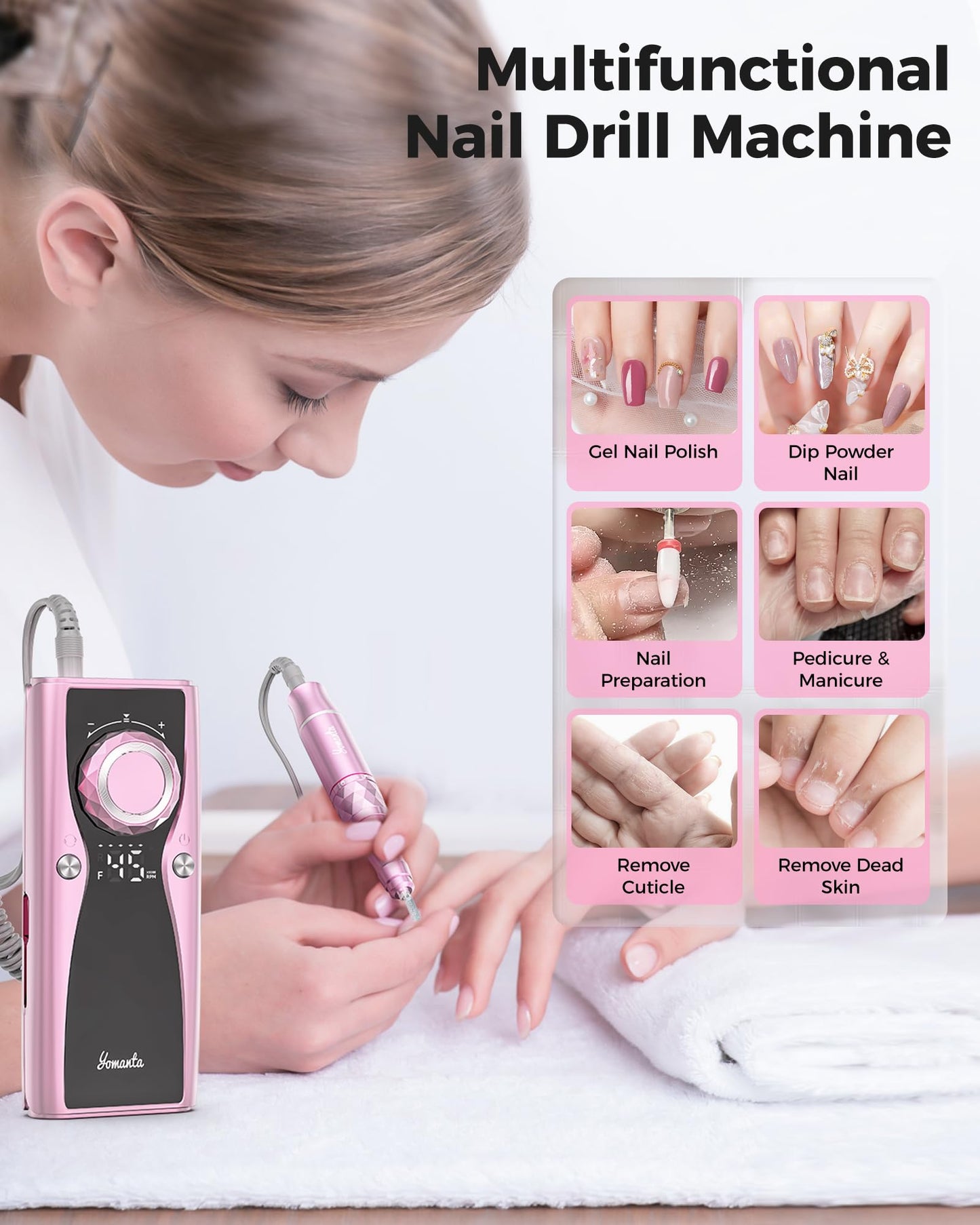 Electric Nail Drill Professional Kit: 45,000 RPM USB Rechargeable Efile Nail Drill Nail File with 12 Bits for Polishing Gel/Acrylic Nails- Portable Manicure Tool Set for Salon/Home-Rose Gold