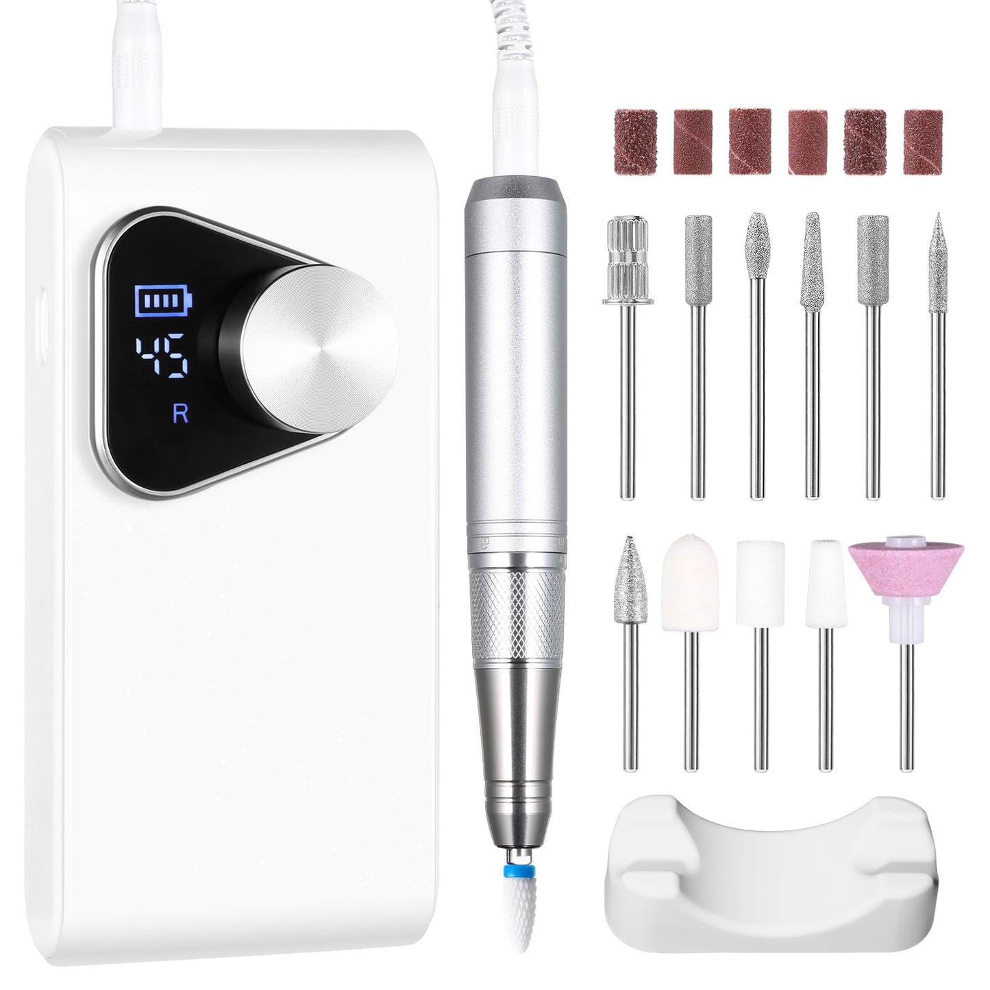 YSC Electric Nail Drill - 45000RPM Rechargeable Efile with Coreless Motor, Waterproof Nail Drill for Acrylic Nails, Portable Efile Kit for Home Salon Manicure Pedicure, Low Noise & Vibration White
