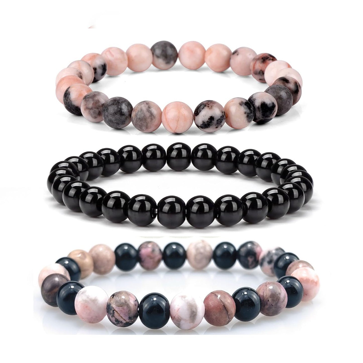 Crgwxzl Healing Crystal Bracelets for Women 8mm Natural Stone Beaded Stretch Bracelet Pink zebra Rhodonite Black Obsidian Spiritual Gemstone Jewelry Gifts