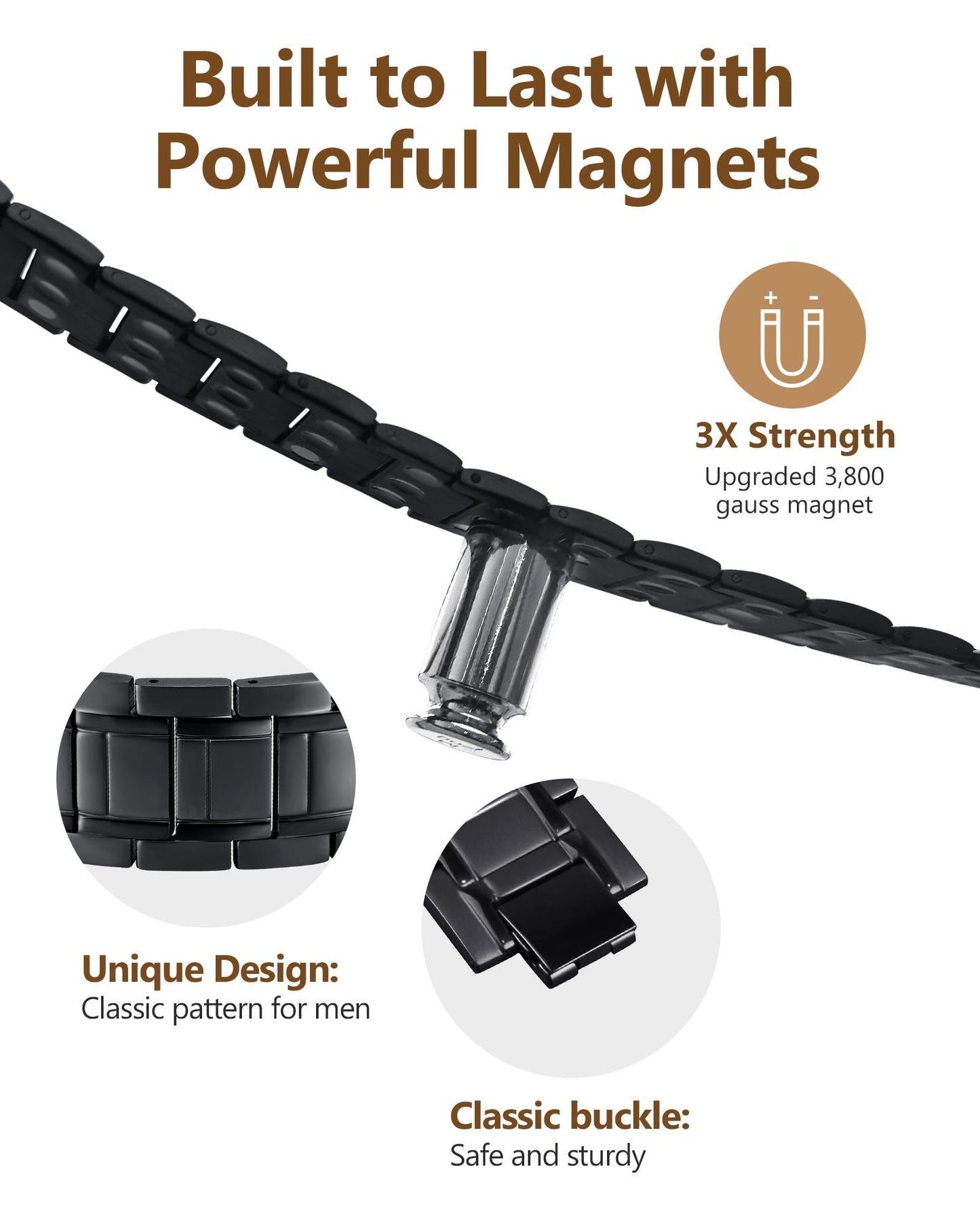 Feraco 3X Magnetic Bracelets for Men Titanium Steel Magnetic Bracelet with 3 Rows Magnets (Black)