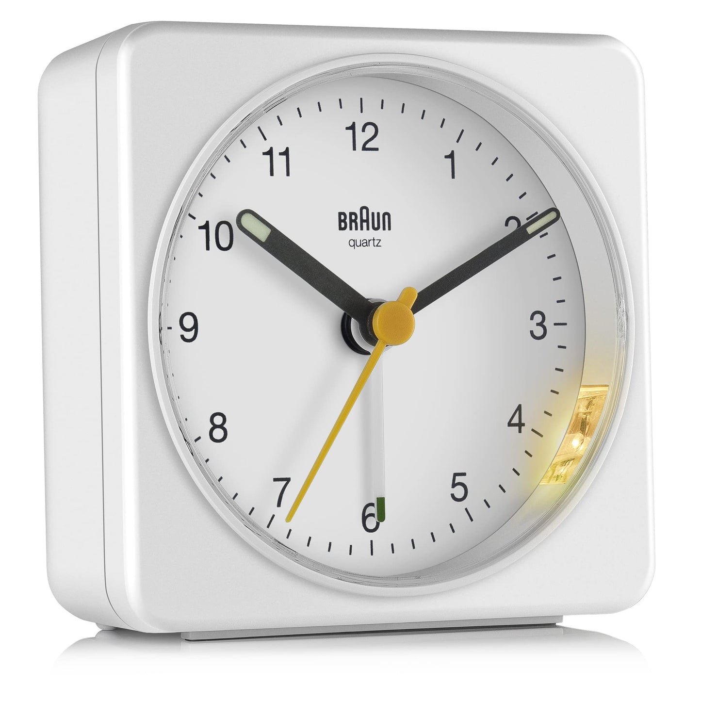 Braun Classic Analogue Alarm Clock with Snooze and Light, Quiet Quartz Sweeping Movement, Crescendo Beep Alarm in White, Model BC03W.