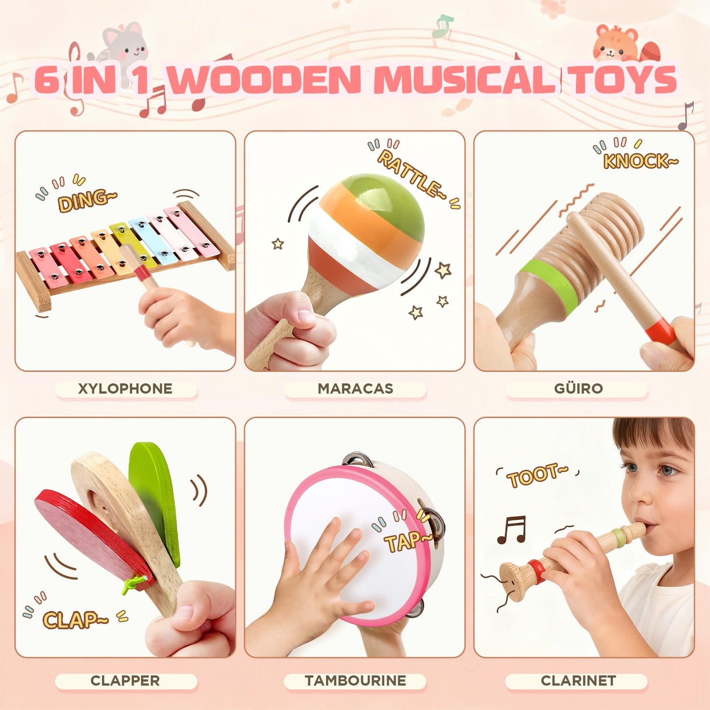 Baby Musical Instruments - Montessori Wooden Musical Toys for Toddlers 1-3, Xylophone Maracas Tambourine Percussion Set, Kids Preschool Music Learning Toys, Educational Birthday Gifts (Rainbow)