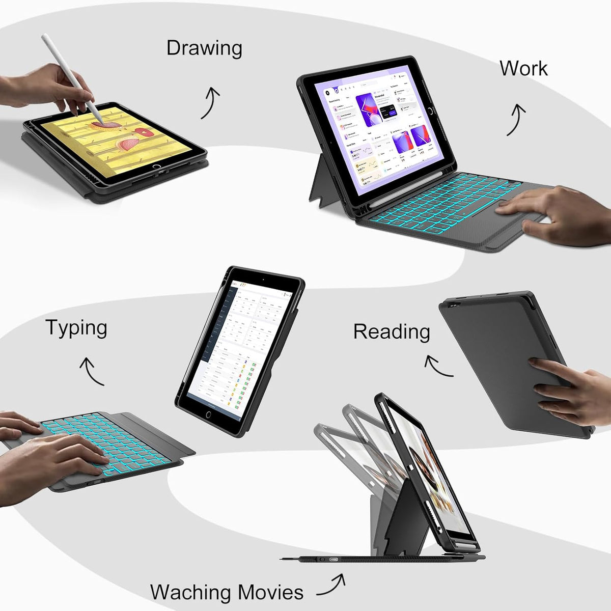 Touch for iPad 9th/8th/7th Generation Case with Keyboard 10.2 Inch, Multi-Touch Trackpad, 7 Color Backlit, Detachable Magnetic Folio Cover with Pencil Holder for iPad Air 3rd Gen/iPad Pro 10.5" Black