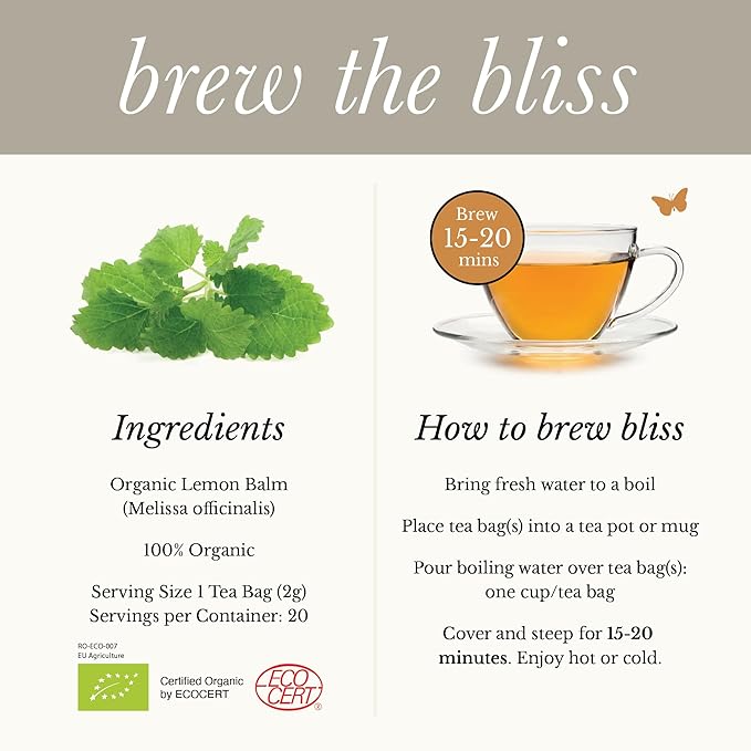 Organic Lemon Balm Tea - Caffeine Free Calming Herbal Tea - Pharmacopoeia Potency - 20 Plant Based Tea Bags