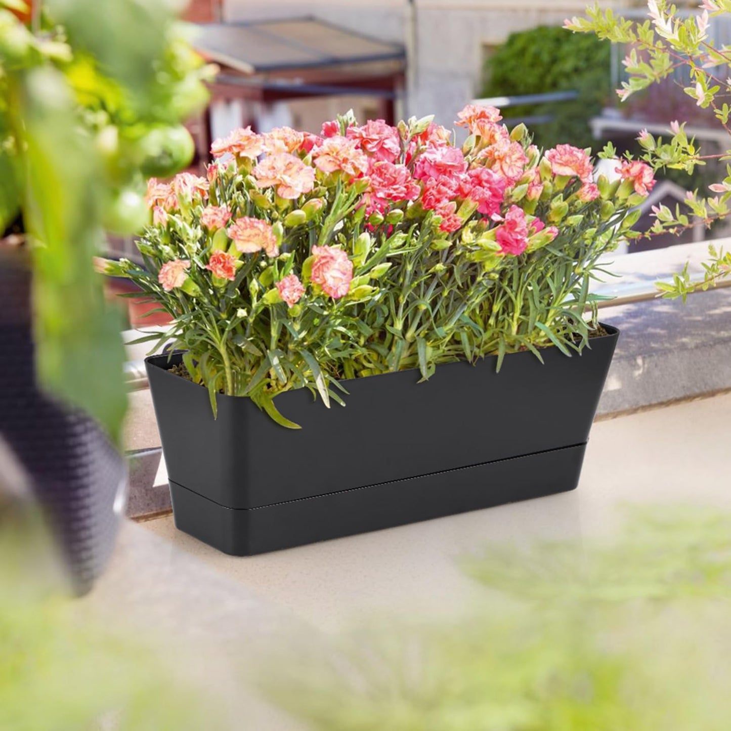 Sanbege Window Box Planter with Tray, 12" Rectangle Plant Pot, Pack of 3 (Black)