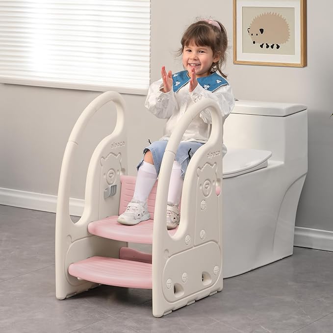 Toddler Step Stool Chair Onasti Kids 3 Step Standing Tower for Toddlers Plastic Learning Helper Stool for Kitchen Counter Bathroom Sink Toilet Potty Training with Handles and Non-Slip Pads-Pink White