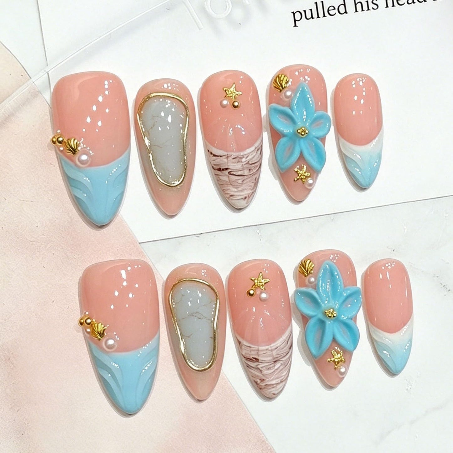 10 Pcs Handmade Press on Nails Medium Almond Fake Nails with Blue 3D Flower Design French Tip Acrylic False Nails Pink Medium Almond Press Ons Nails M Size for Women Beach Manicure