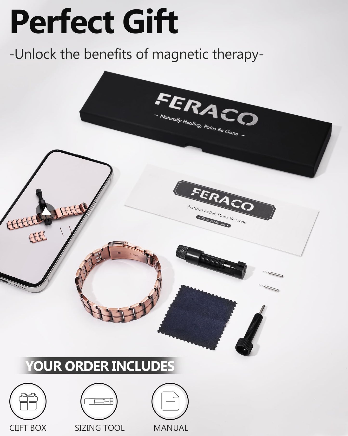 Feraco Copper Bracelet for Men 3X Strength,Magnetic Therapy Bracelet Copper Jewelry with Powerful 3800 Gauss Magnets
