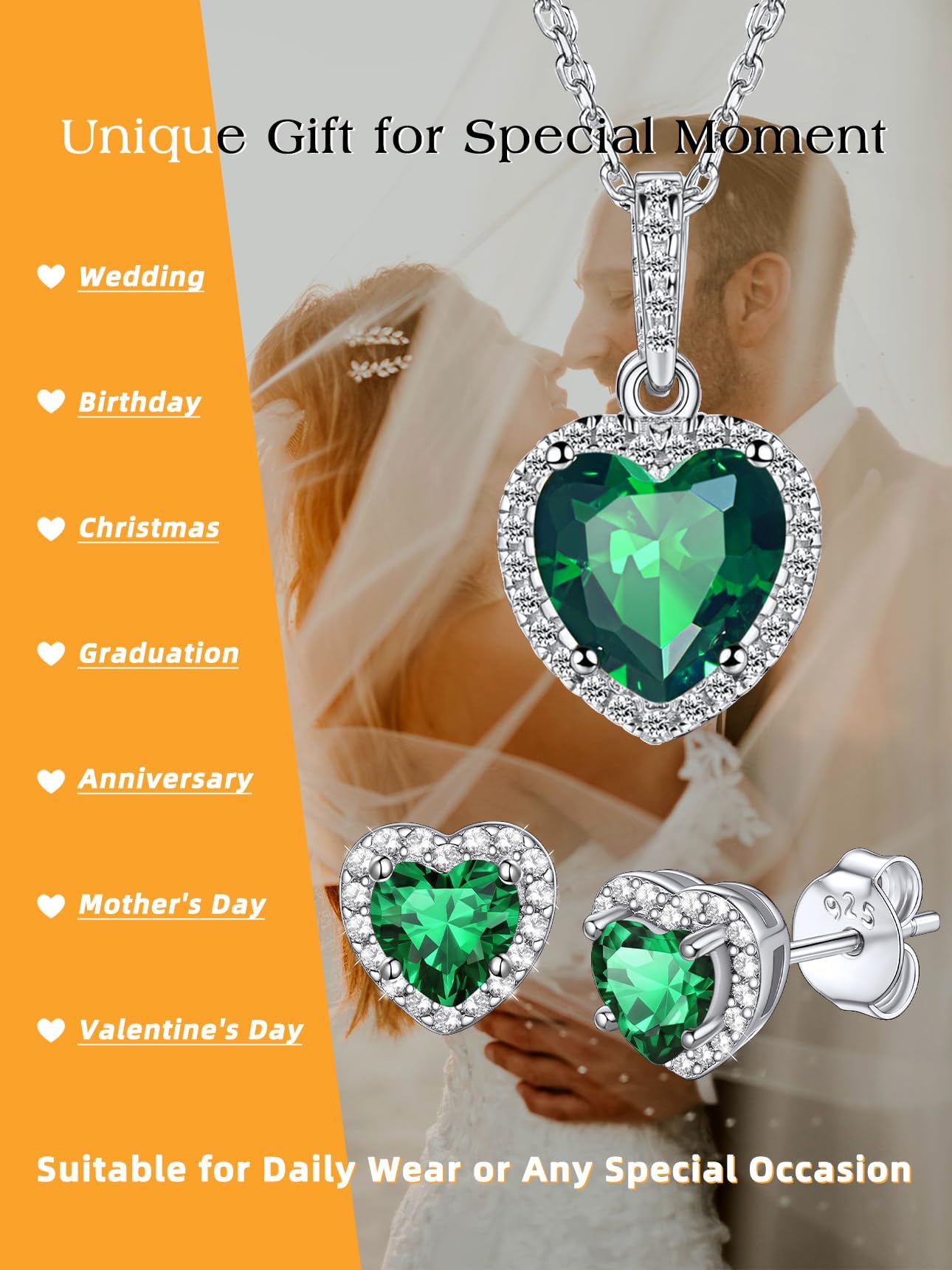 Bestyle Heart May Emerald Birthstone Earrings Green Studs Embellished with White Crystals Sparkling Ear Jewelry for Birthday/Christmas/Party/Anniversary/Wedding