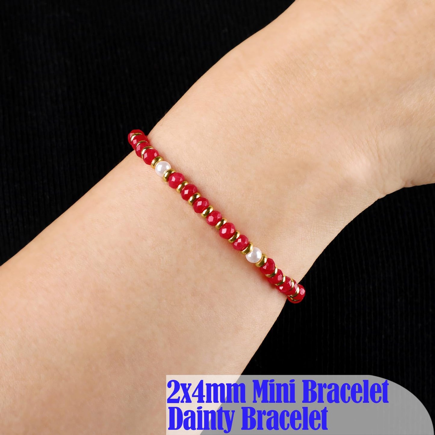QOGIR Ruby Jade - Dreams Come True - 14K Gold Plated Beads Gemstone Stretch Elastic Dainty Healing Beaded Bracelets Gifts 2x4mm