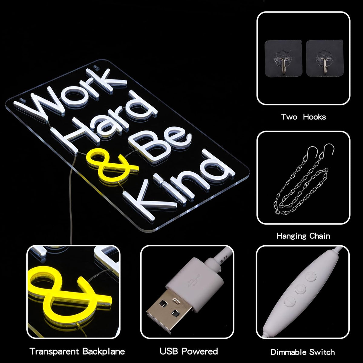 Work Hard Be Kind Neon Sign for Wall Decor Letter Neon Light Be Kind LED Neon Sign for Office White LED Neon Light for Offices Classroom Bedroom Study Room Decoration