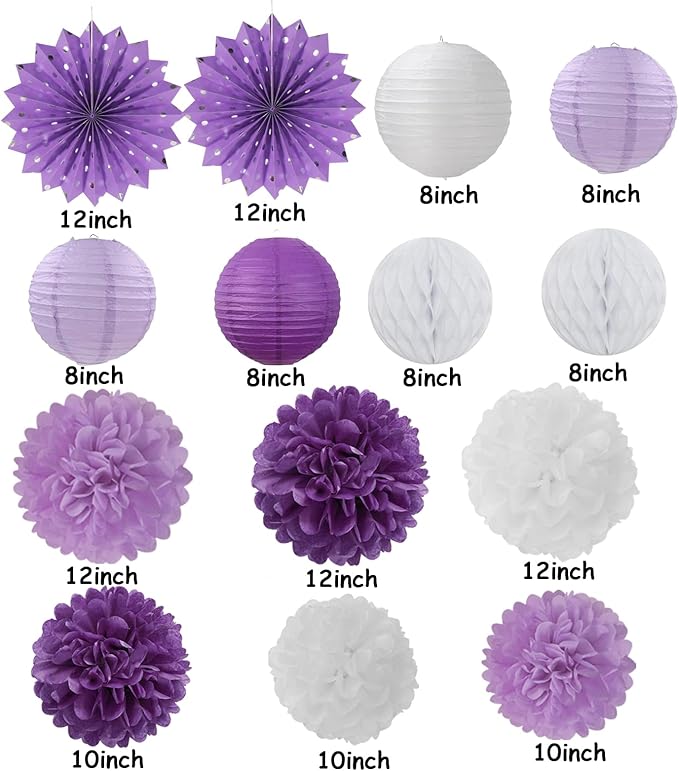 Purple-White Lavender Party Decorations Streamers - 14pcs Women Girl Birthday Paper Lanterns Fan,Tissue Pom Poms,Baby Bridal Shower Wedding Engagement Bachelorette Graduation Decor Lasting Surprise