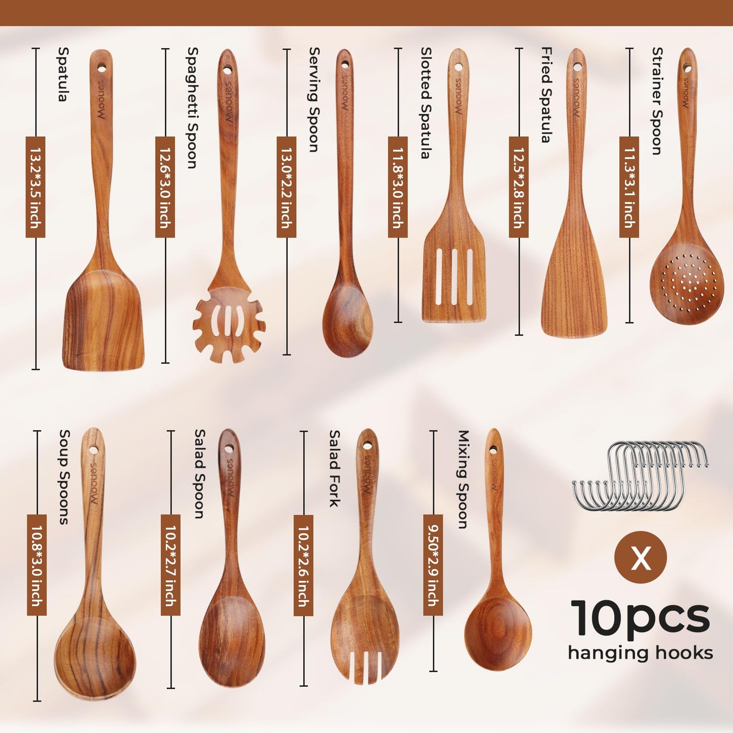 Wooden Spoons for Cooking, 10 PCS Teak Wood Cookware Utensil Set with Hooks - Smooth Finish, Non-Stick, Comfortable Grip, Heat Resistant Kitchen Utensils Gift Box