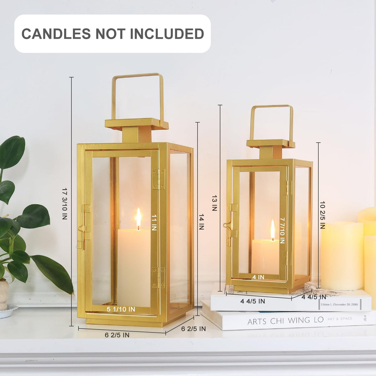 DECORKEY Fall Christmas Golden Decorations for Home, 17''&13'' Metal Candle Lanterns Decorative Outdoor&Indoor, Modern Hanging/Tabletop Candle Holders for Porch Patio Wedding Decor