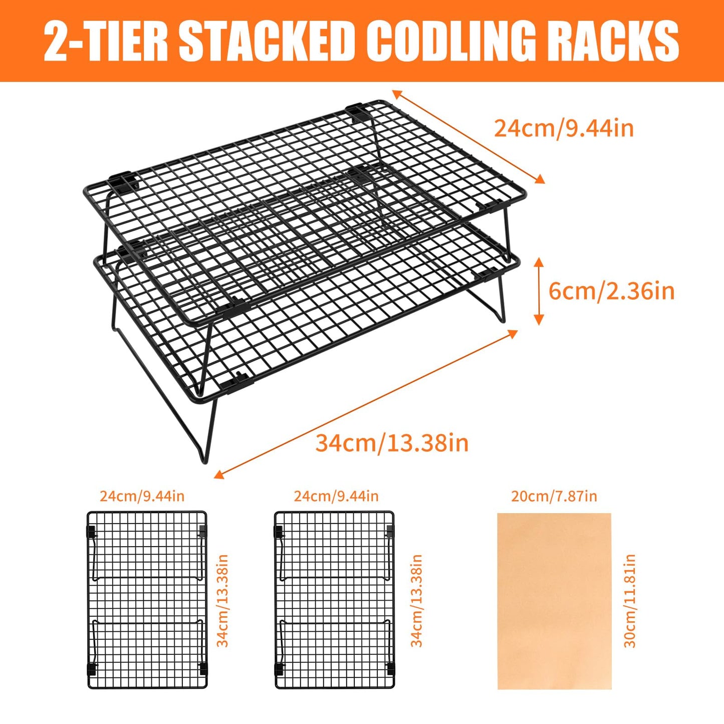 ZHIWUJIA 2-Tier Stackable Cooling Rack with Legs, 13"x 9" Nonstick Collapsible Wire Rack with 50 Pcs Parchment Paper for Baking Cookies, Cakes, Bread, Pizza